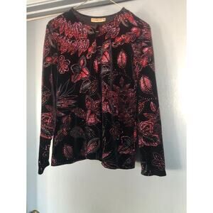Notations Women's Sz Large Top and Jacket Black Red Glittery Floral Design